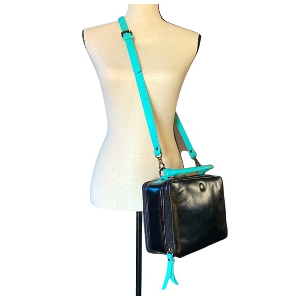 Flume Handbags - Leather Crossbody Bag Purse Black Blue Top Handle Square‎ Zip